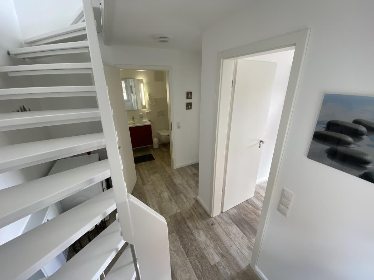 House with stairs, bathroom, and door. Wall picture with stones.