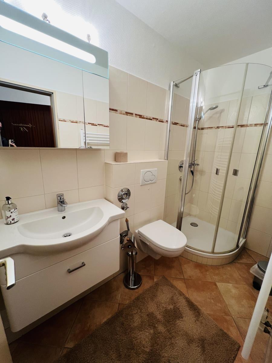 Badezimmer mit Dusche, Waschbecken und Toilette.