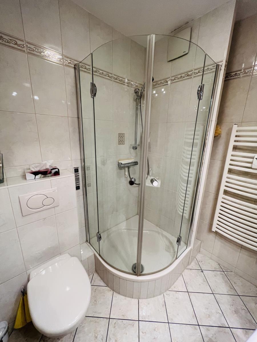 Bad mit Dusche, Toilette und Heizkörper