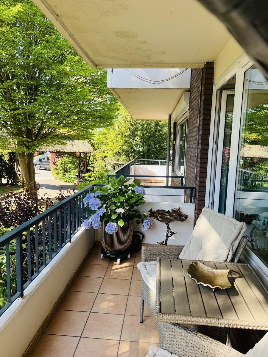 Terrasse mit Sitzgruppe, Pflanze und Blick in grüne Umgebung.
