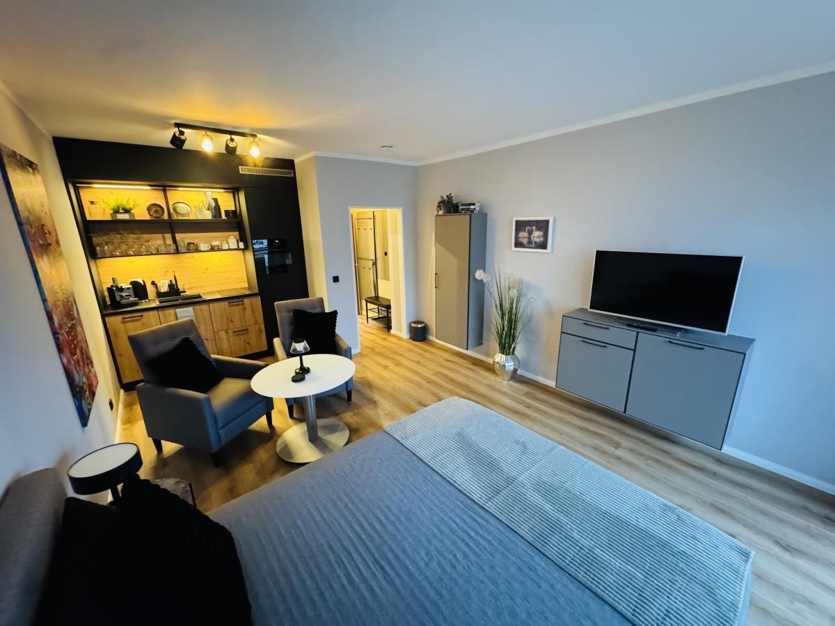 Schlafzimmer mit Wohnbereich, Küchenzeile und TV-Möbel