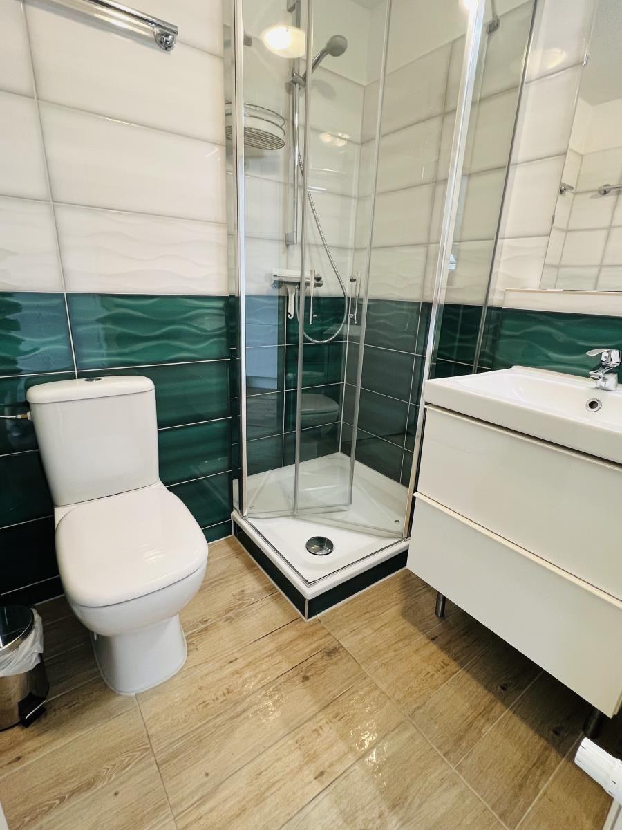 Badezimmer mit Dusche, Waschbecken und Toilette. Fliesenwand in Grün-Weiß.