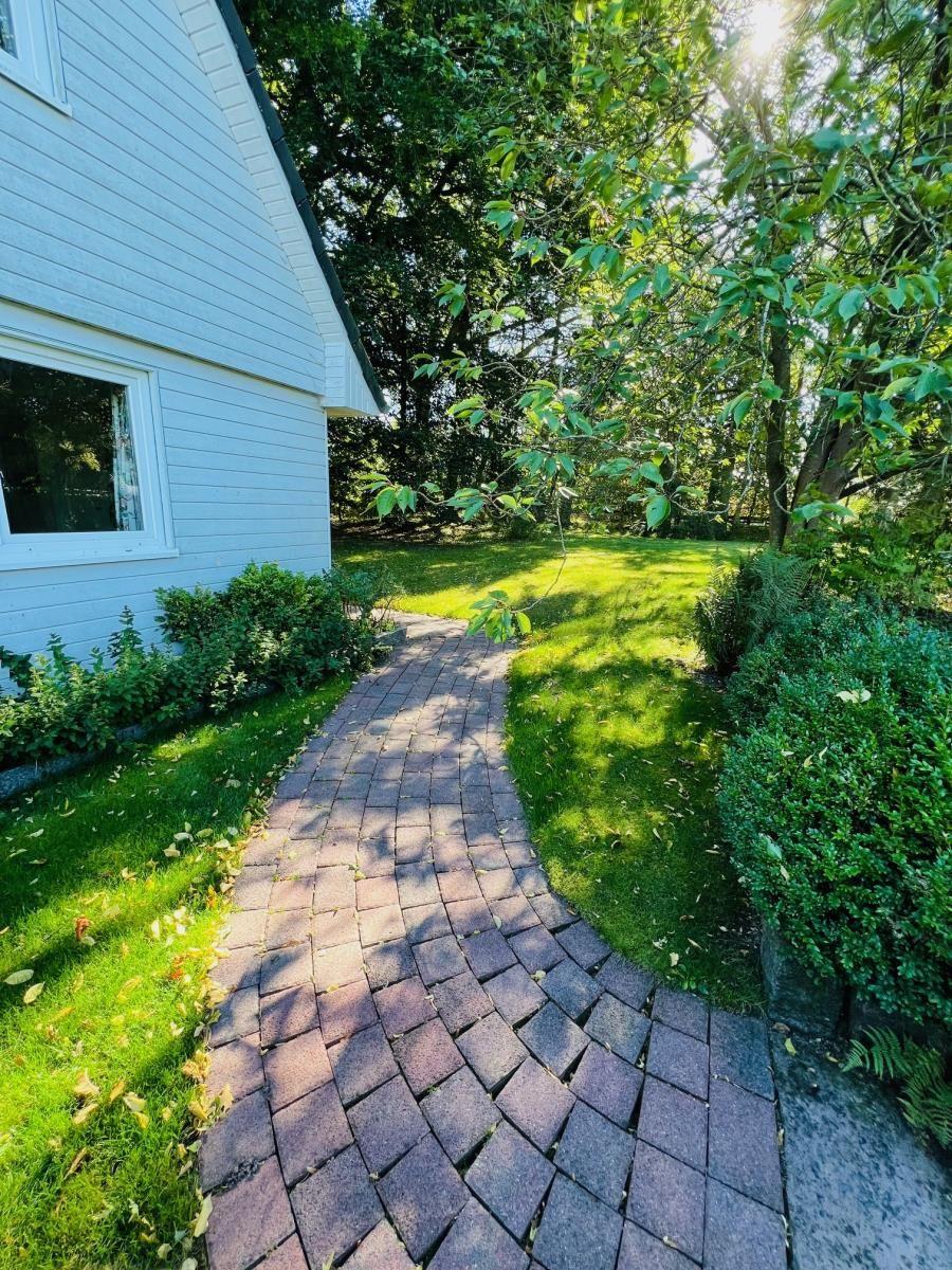 Pflasterweg führt durch grünen Garten zu weißem Haus