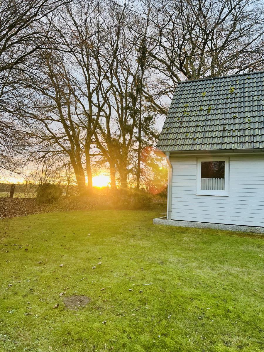 Haus mit grünem Rasen und Bäumen im Hintergrund bei Sonnenuntergang.