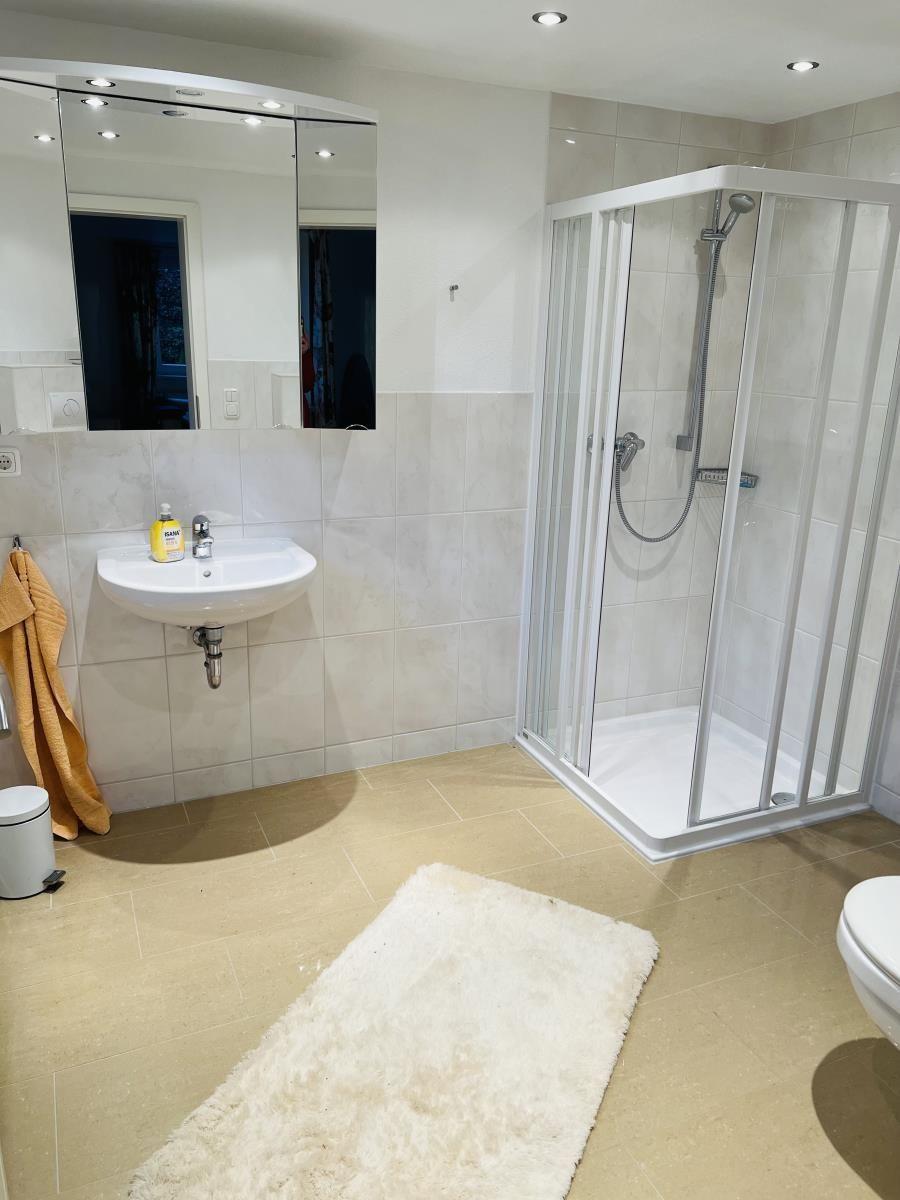 Badezimmer mit Dusche, Waschbecken und Spiegel