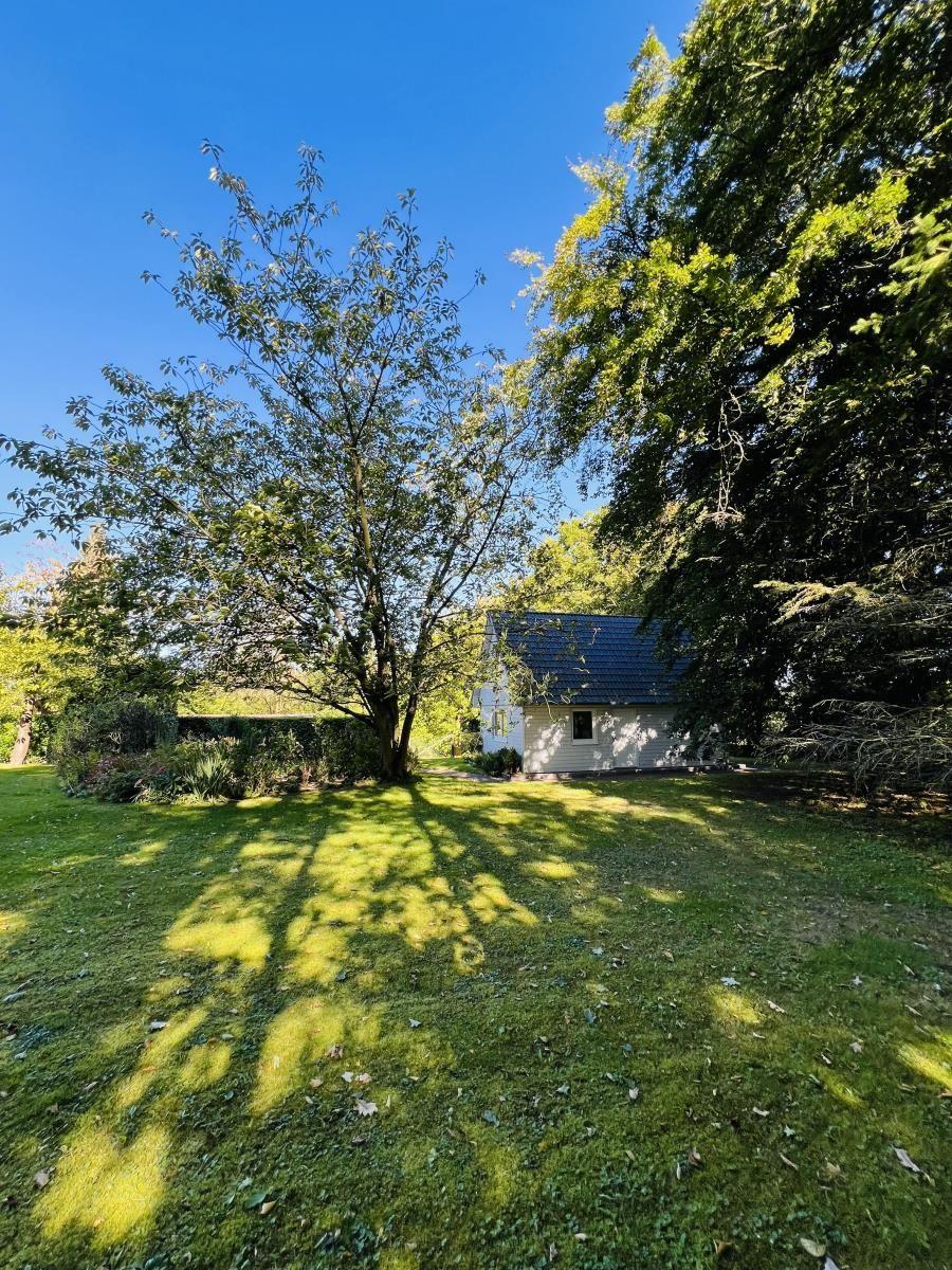 Haus mit Garten, umgeben von Bäumen unter blauem Himmel