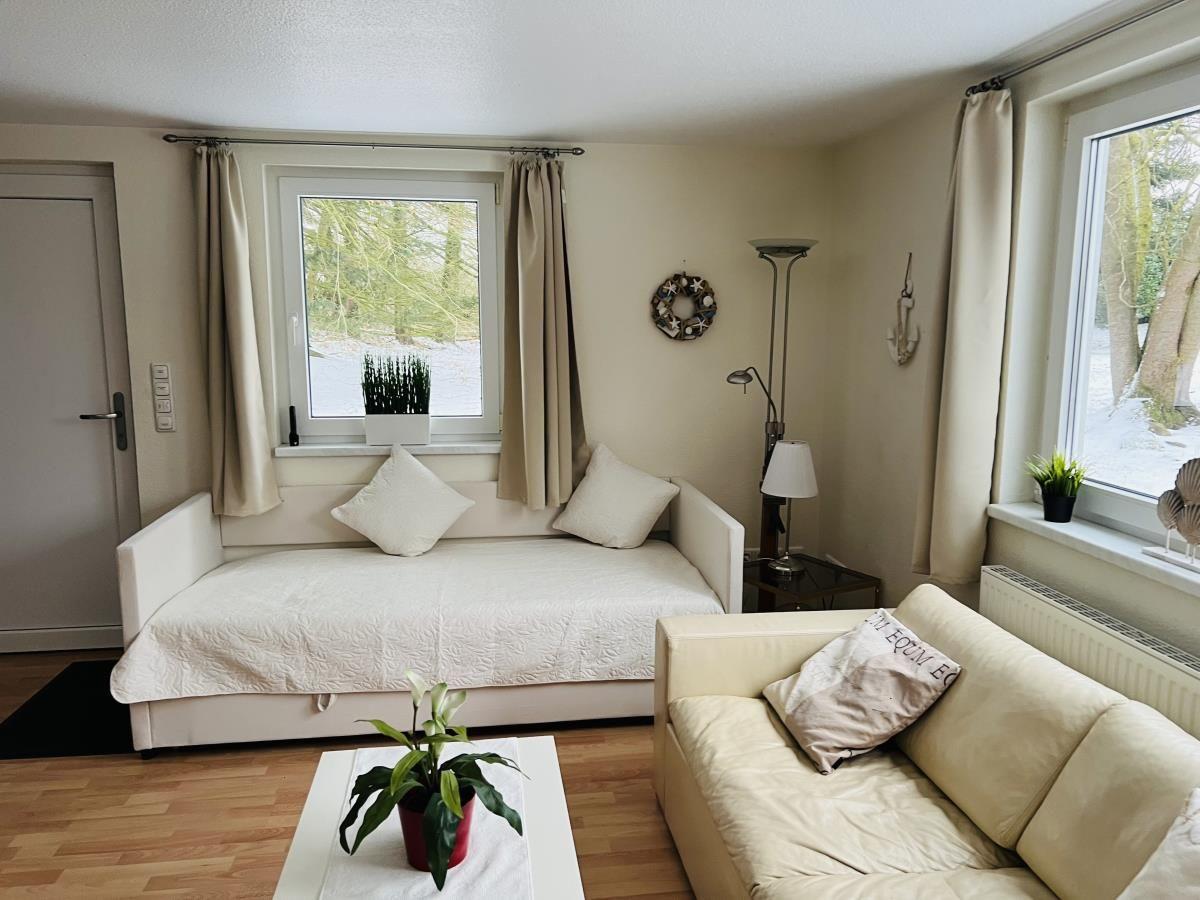 Wohnzimmer mit Sofa, Schlafcouch und Fenstern mit Blick auf Garten.