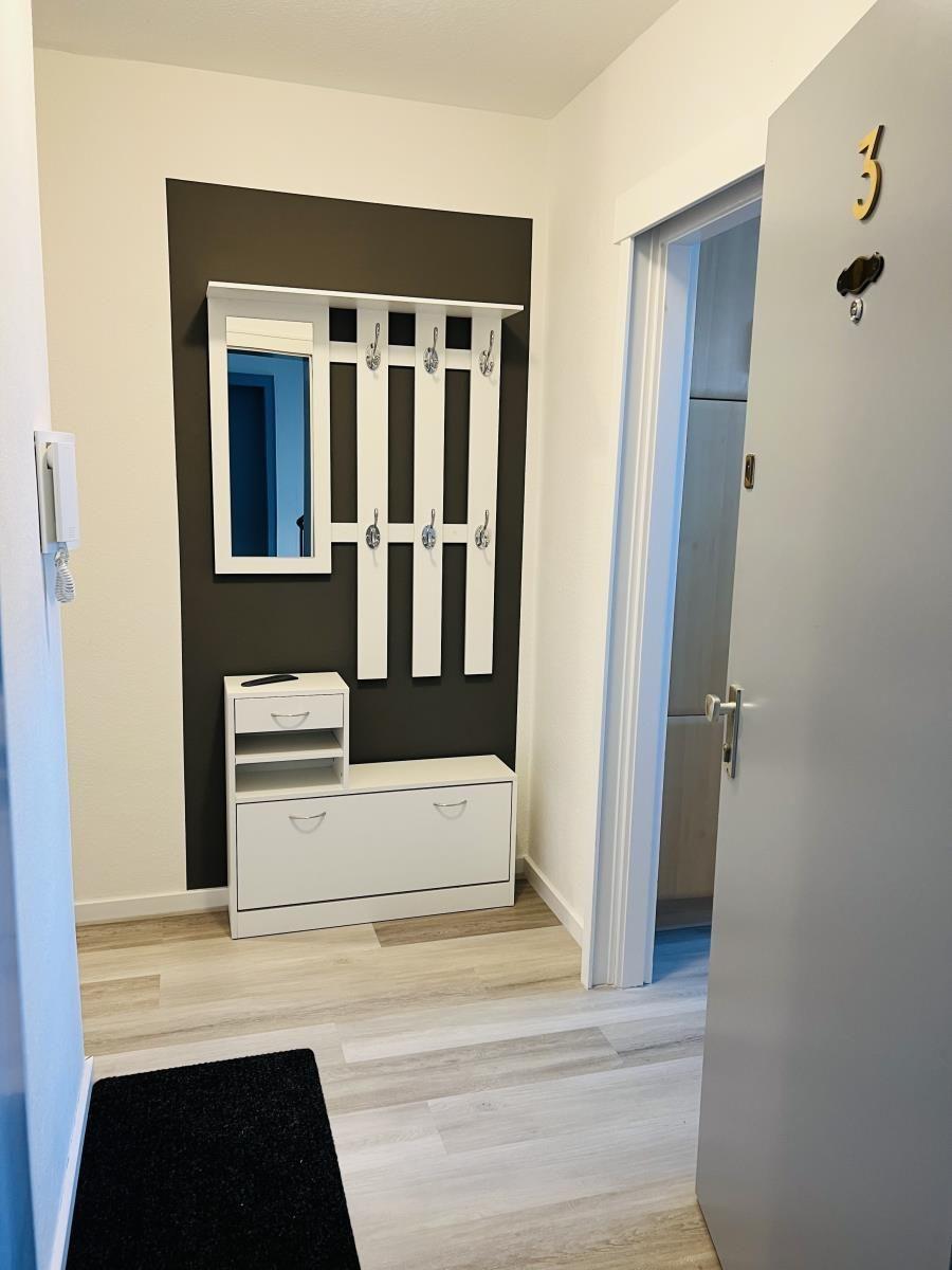 Eingangsbereich mit Schuhschrank, Spiegel und Tür zur Wohnung.