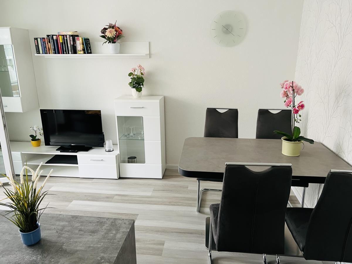 Essbereich mit Tisch, Stühlen und Pflanzen. Fernseher und Schrank im Hintergrund.