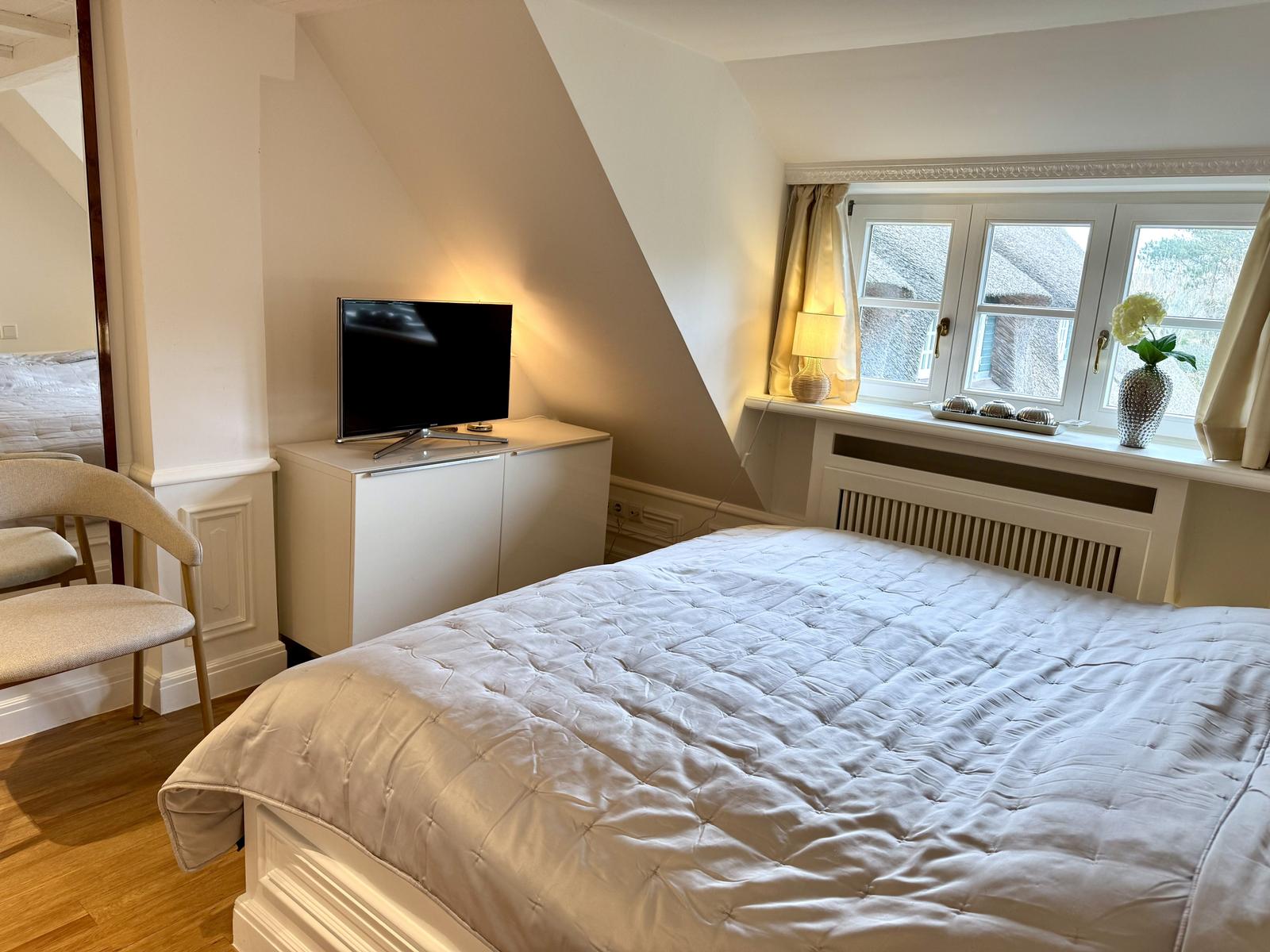 Schlafzimmer mit Dachschräge, Bett, TV und Fenster mit Blick.