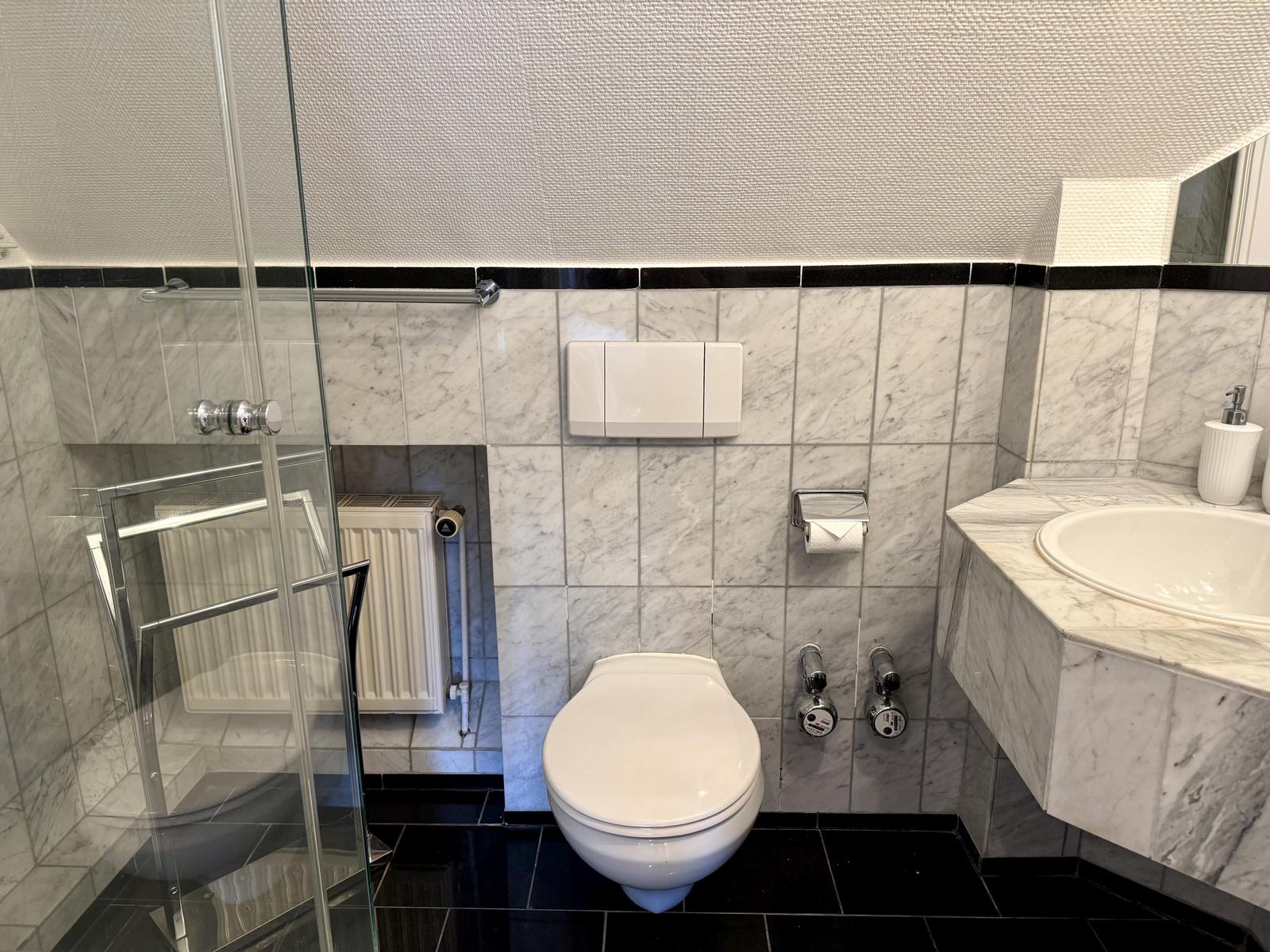 Badezimmer mit Dusche, Toilette und Waschbecken aus Marmor