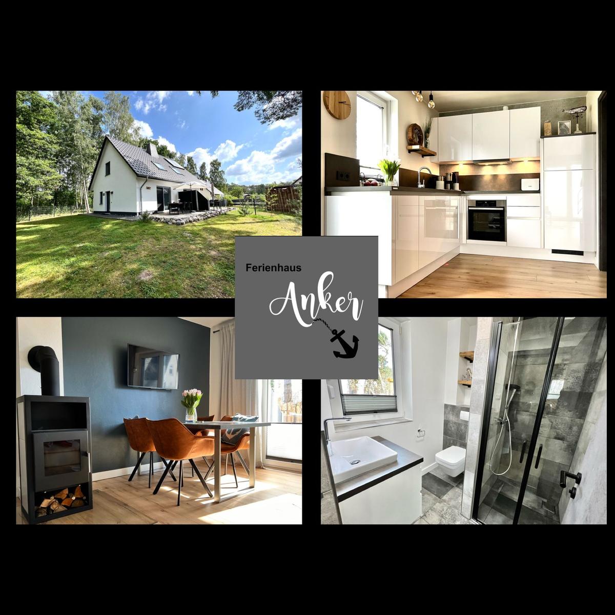 Ferienhaus Anker mit moderner Küche, Wohnbereich mit Kamin und Dusche