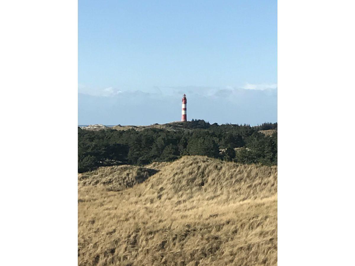 Roter Leuchtturm auf Hügeln mit Gras und Bäumen im Vordergrund.
