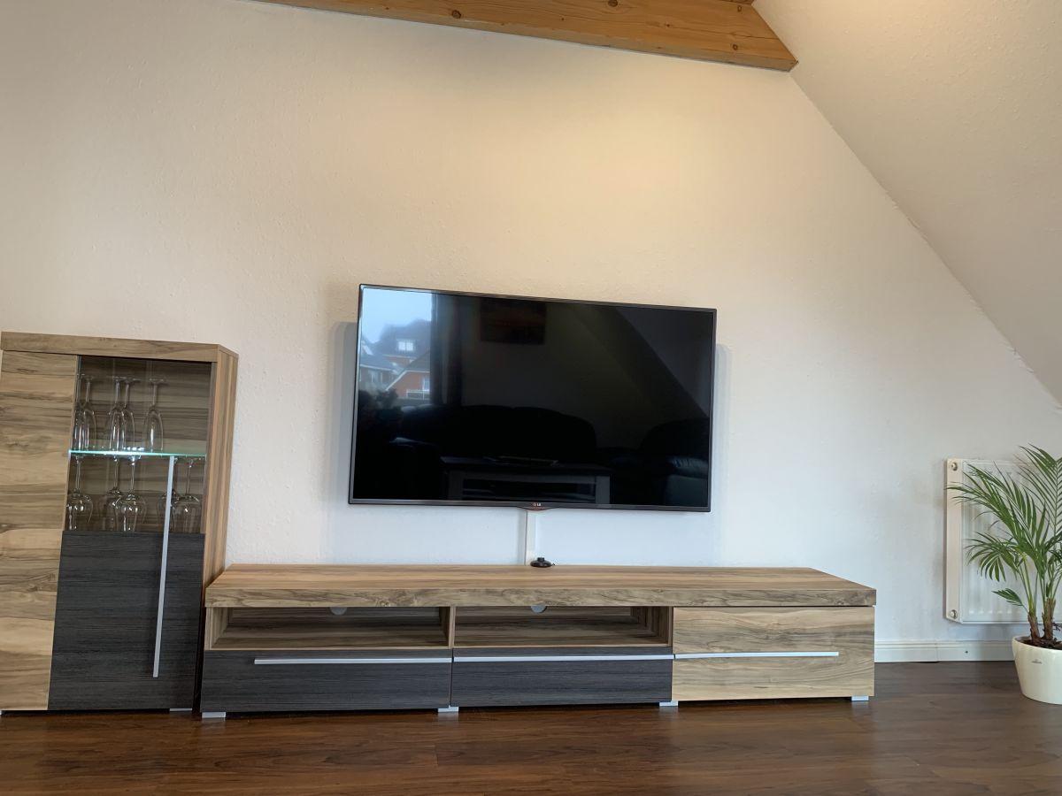 TV auf Wandhalterung, Holzregal und Pflanze im Raum