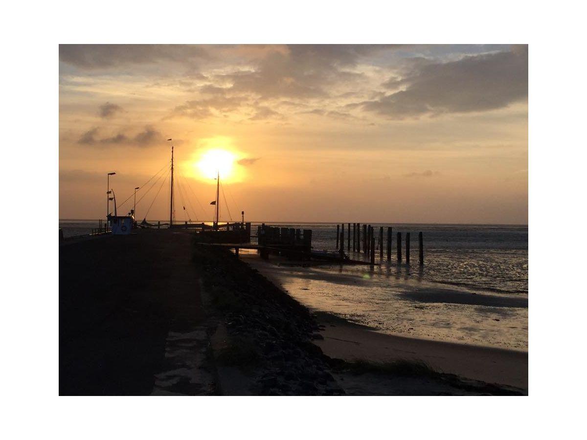 Sonnenuntergang am Hafen mit Booten und Steg im Wasser.