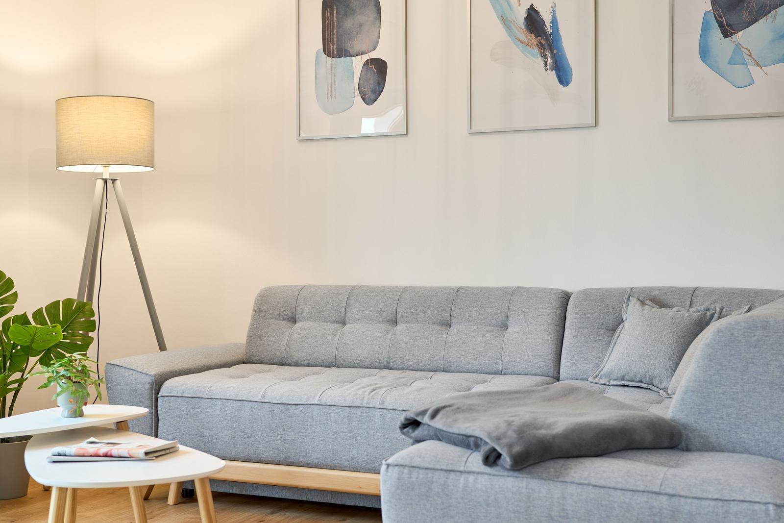 Ein grauer Sofa mit Kissen und Decke. Hinter dem Sofa hängen drei Bilder. Links steht eine Stehlampe und eine Pflanze.