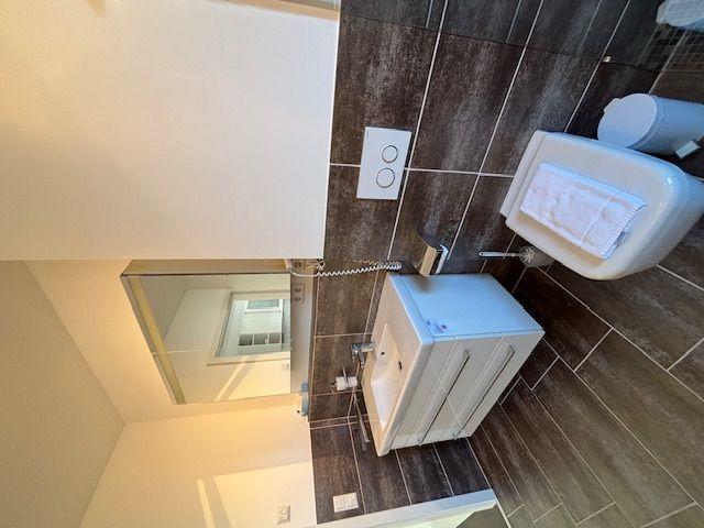 Bathroom with toilet, sink, and mirror