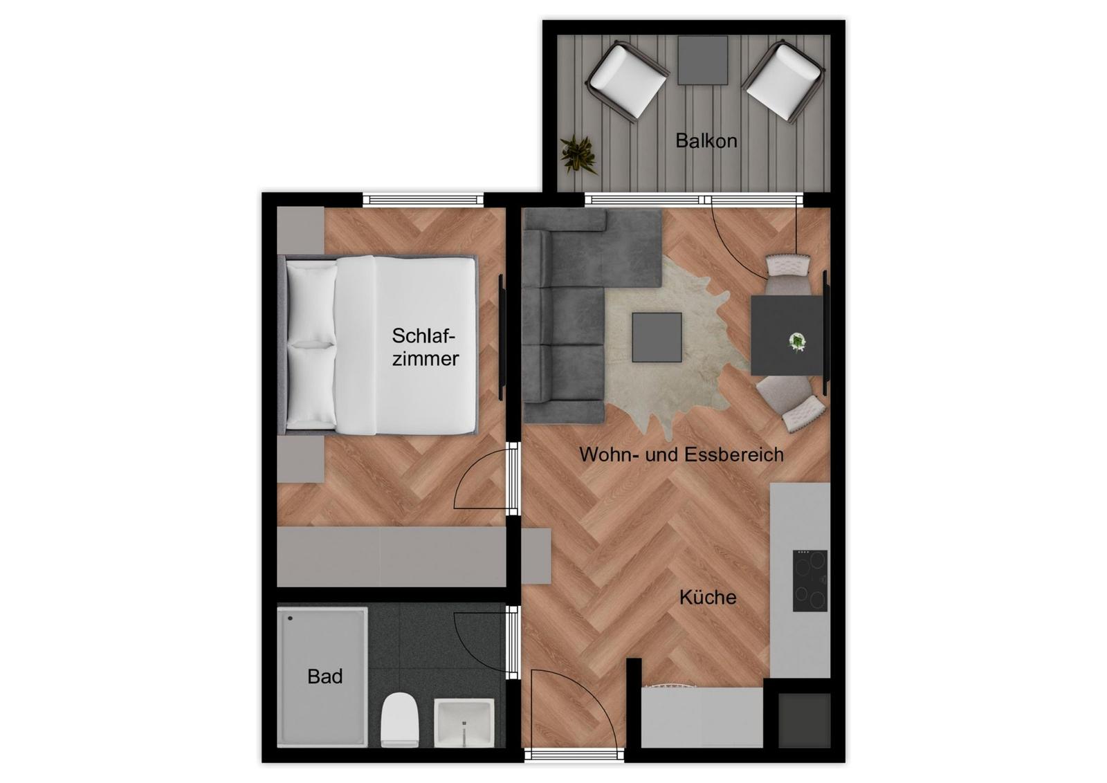 Wohnung mit Schlafzimmer, Küche, Bad und Balkon. Wohn- und Essbereich mit Sofa.