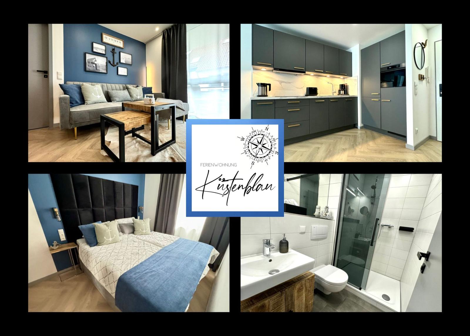 Wohnung mit Küche, Schlafzimmer, Bad und Wohnbereich mit Sofa.