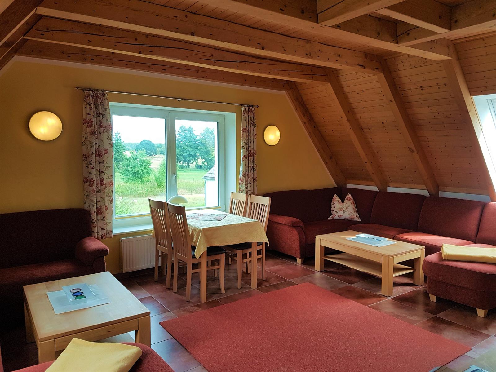 Wohn- und Essbereich mit Holzdecke, Sofa, Tisch und Fensterblick auf Grünland.