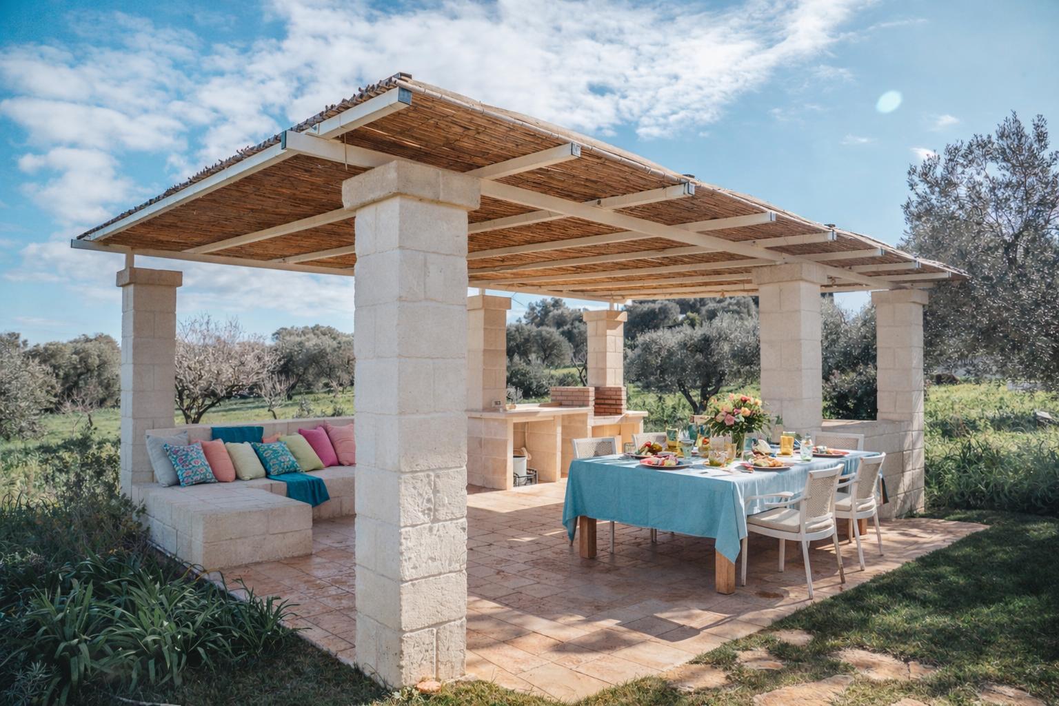 Outdoor area with bench, table, and grill under roof.