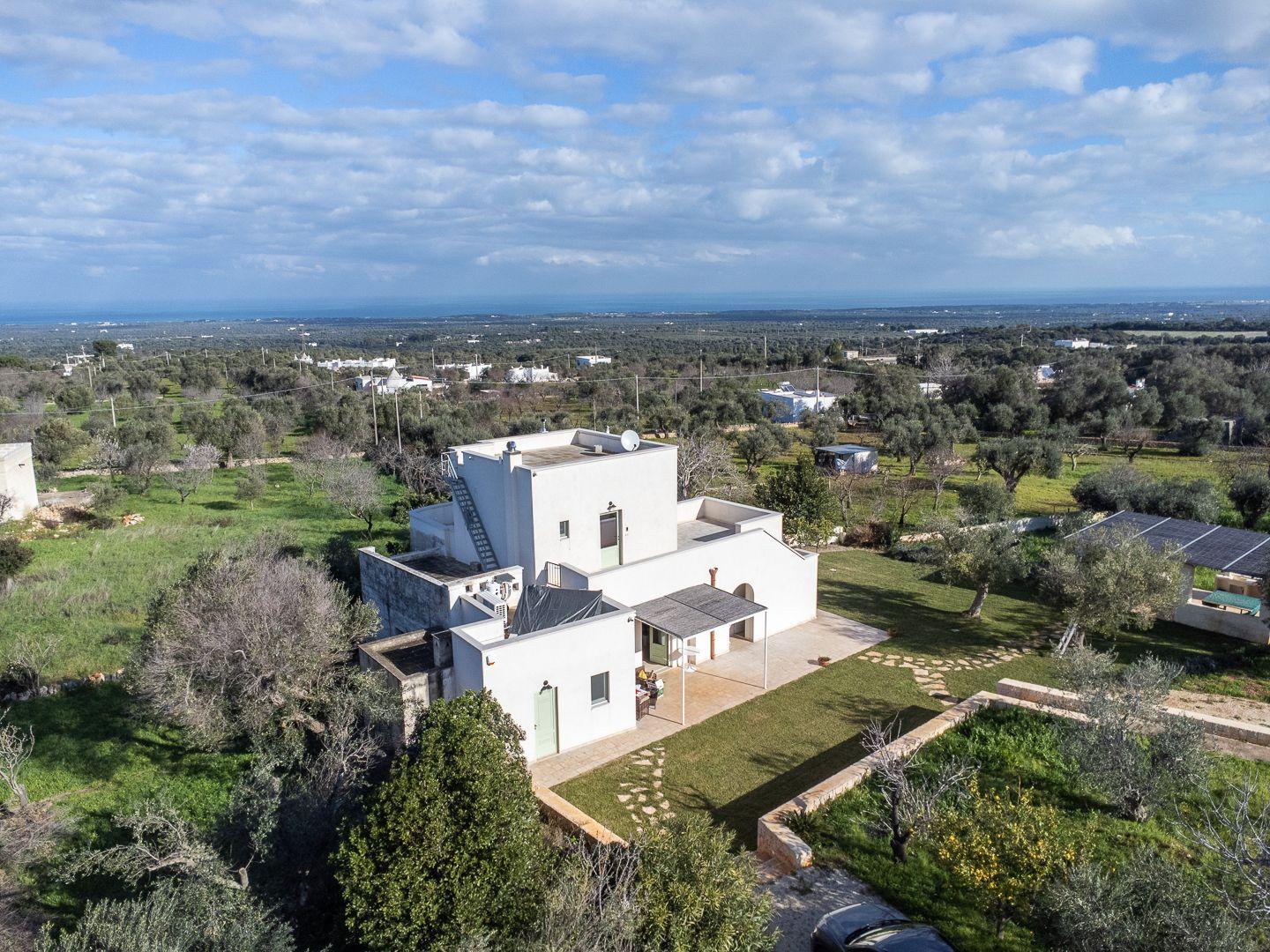 White house with terrace and garden, surrounded by olive trees and sea view.