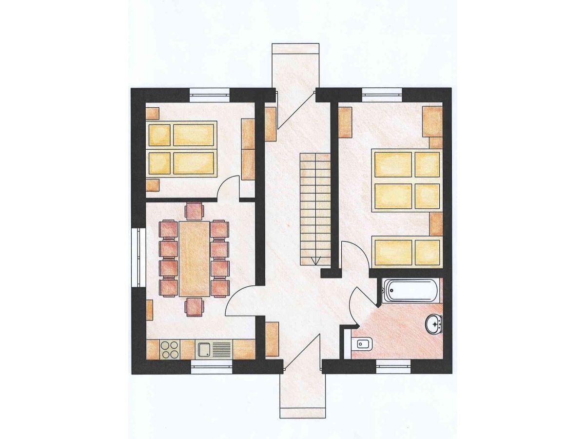 Dieses Apartment hat eine Küche, Wohnzimmer, Bad und zwei Schlafzimmer.