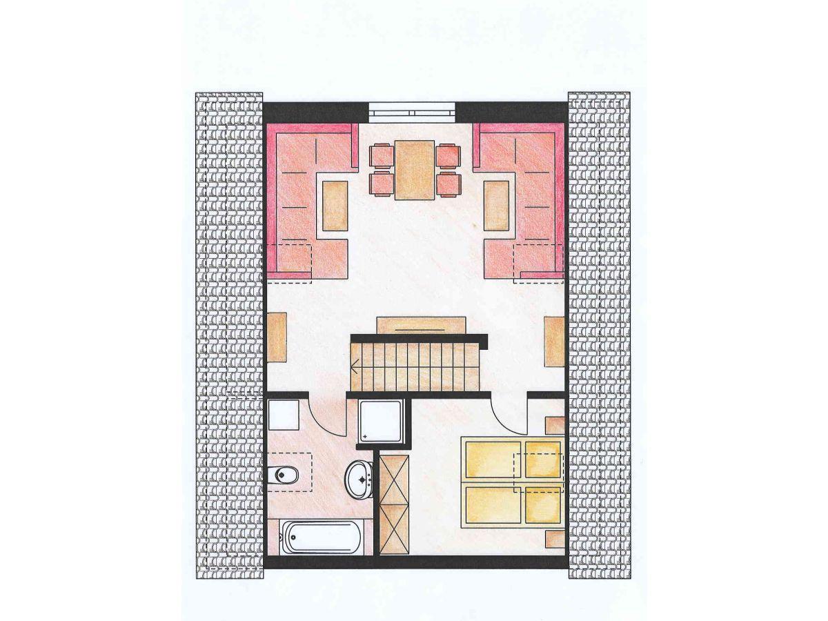 Dies ist eine Grundrisszeichnung einer Wohnung mit Küche, Wohnbereich, Schlafzimmer und Bad.