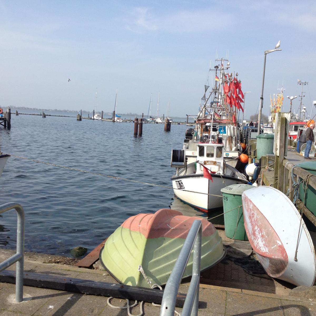 Hafen mit Booten und Steg. Rote Flaggen an einem Schiff.