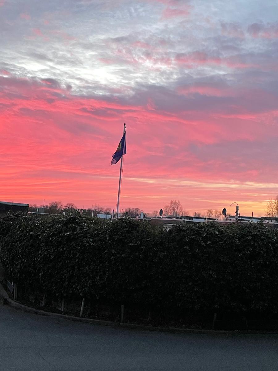 Ein roter Sonnenuntergang mit einer Flagge auf einem Mast hinter Sträuchern.