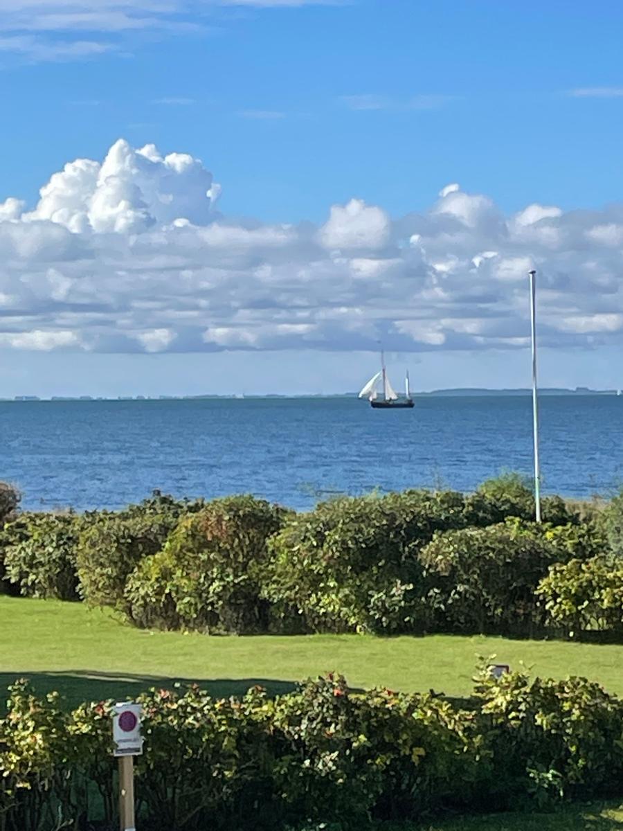 Ein Segelboot segelt auf dem Meer unter einem bewölkten Himmel.
