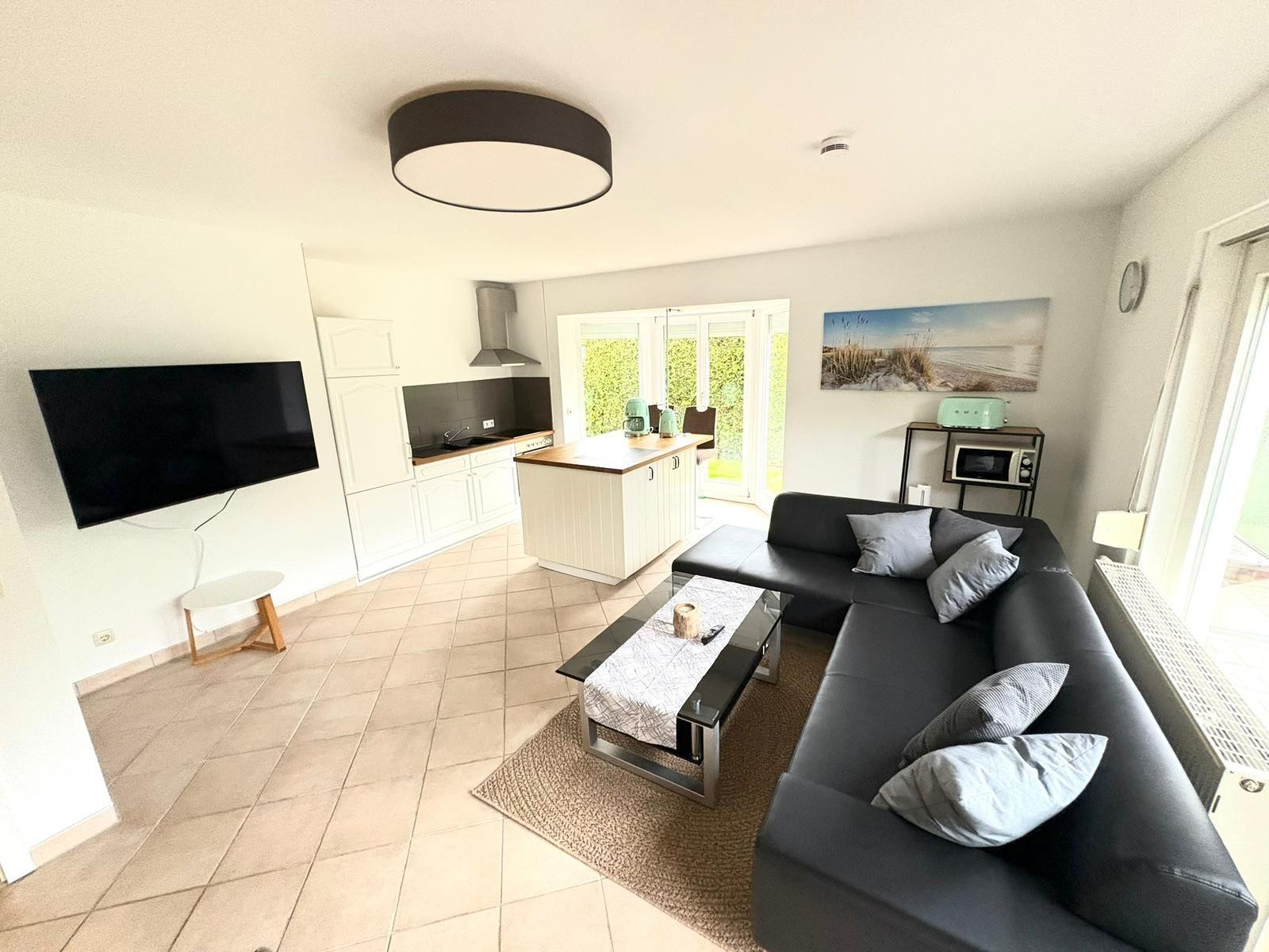 Wohn- und Küchenbereich mit Sofa, TV und Fenster zur Außenterrasse.