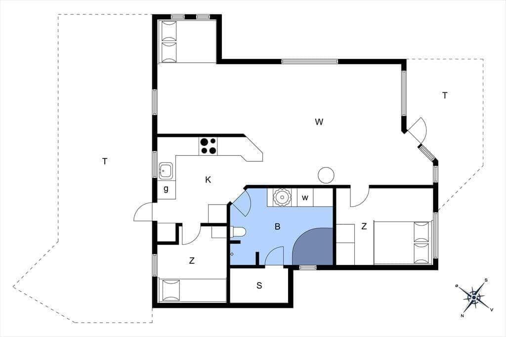 Apartment with kitchen, bathroom, and bedroom. Hallway and living area are visible.