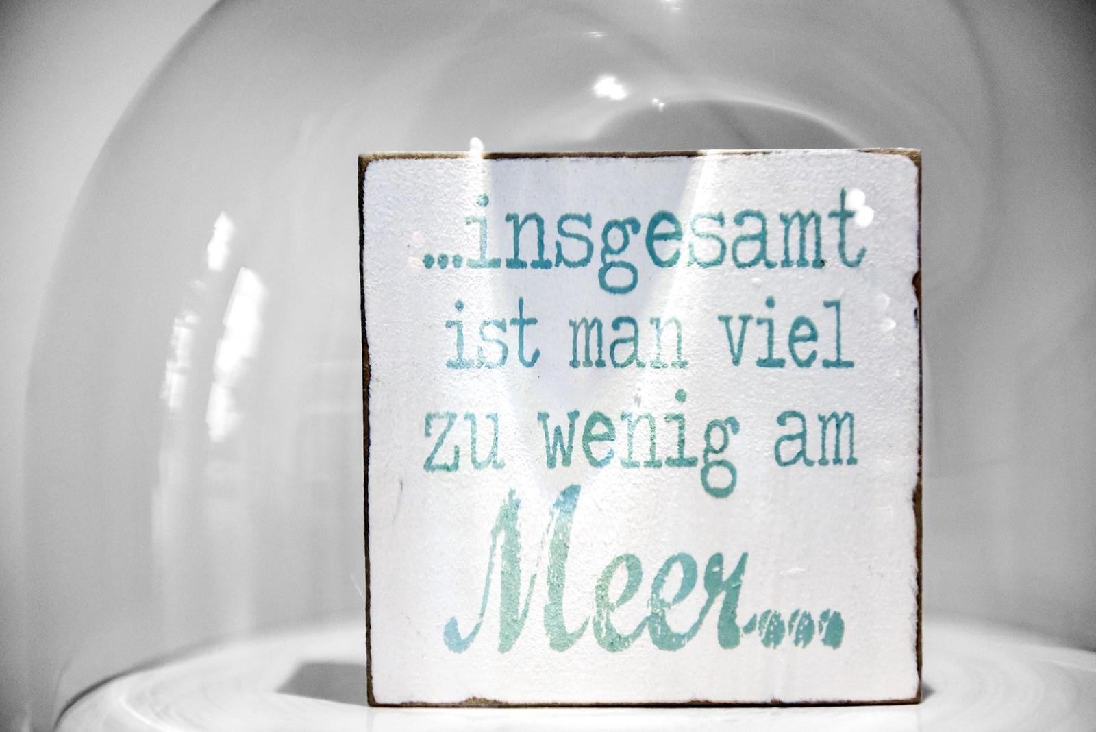 Ein Schild mit Text steht unter einer Glasdom. Text: ...insgesamt ist man viel zu wenig am Meer...