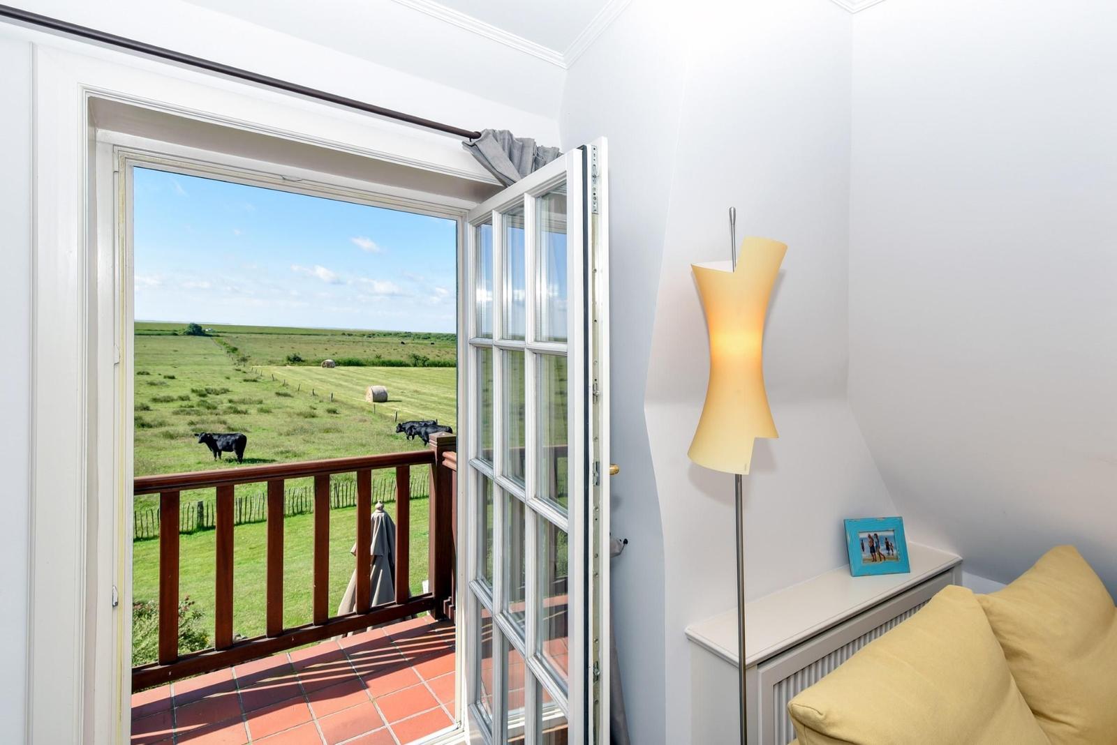 Durch offene Tür Blick auf grünes Feld mit Kühen und Balkon mit roten Fliesen.