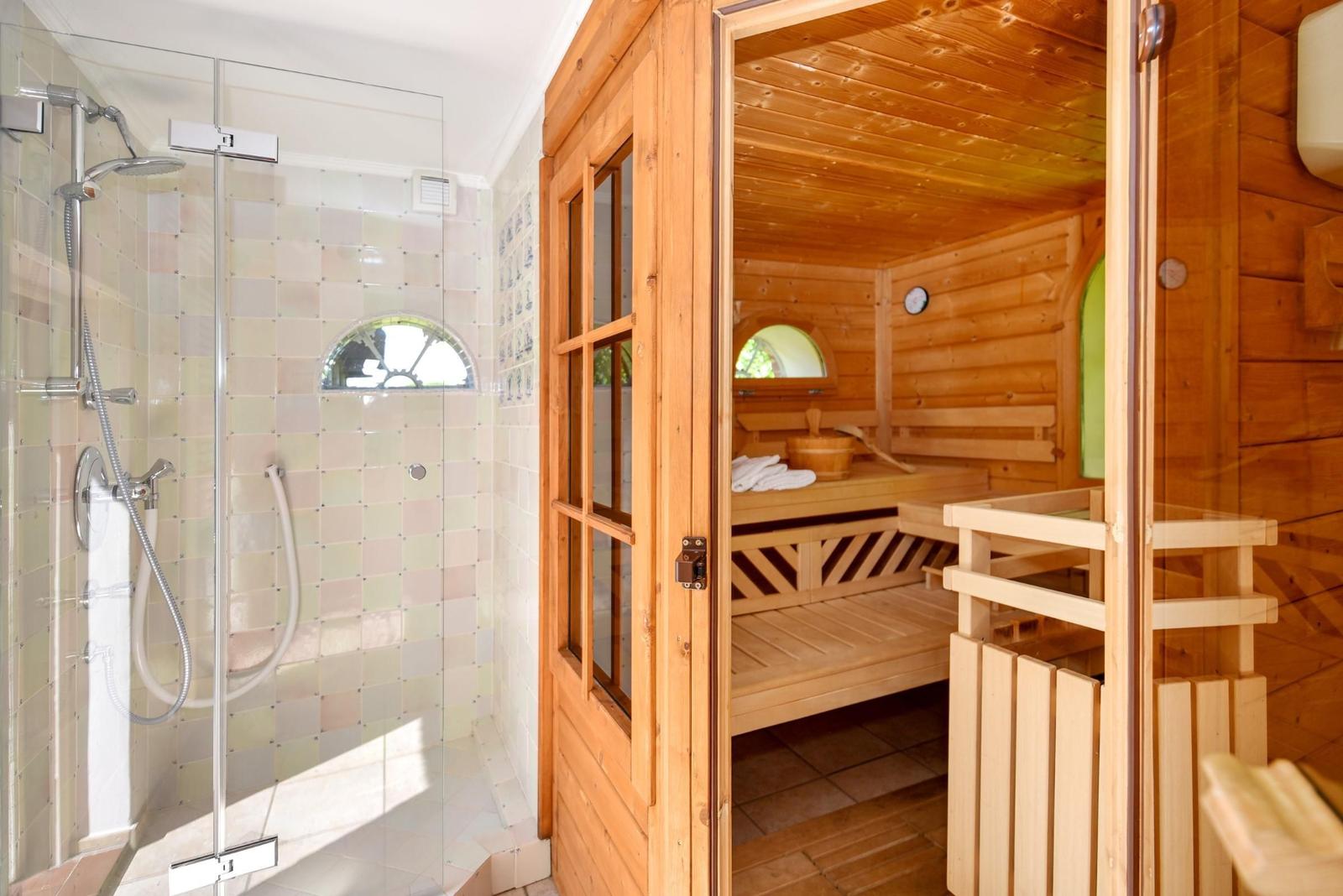 Dusche mit Glaswand und Sauna mit Holzbank und Dampfstein.