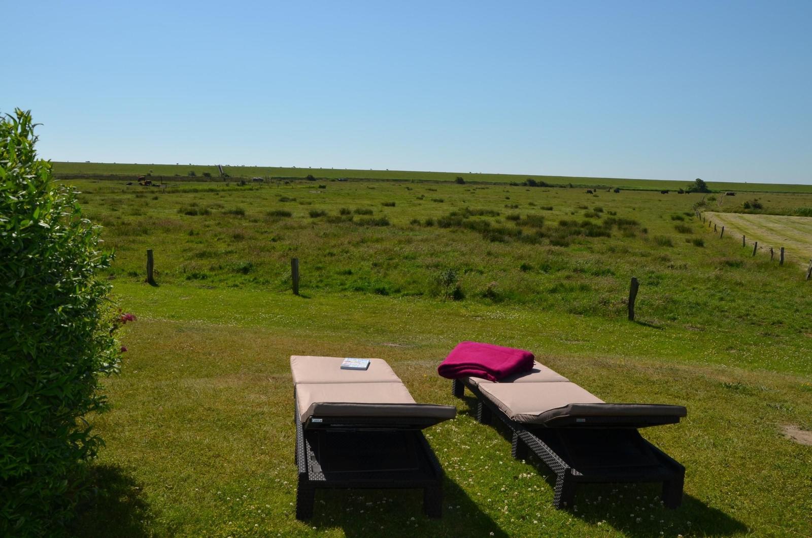 Zwei Liegestühle auf einer Wiese mit Blick auf eine grüne Landschaft.