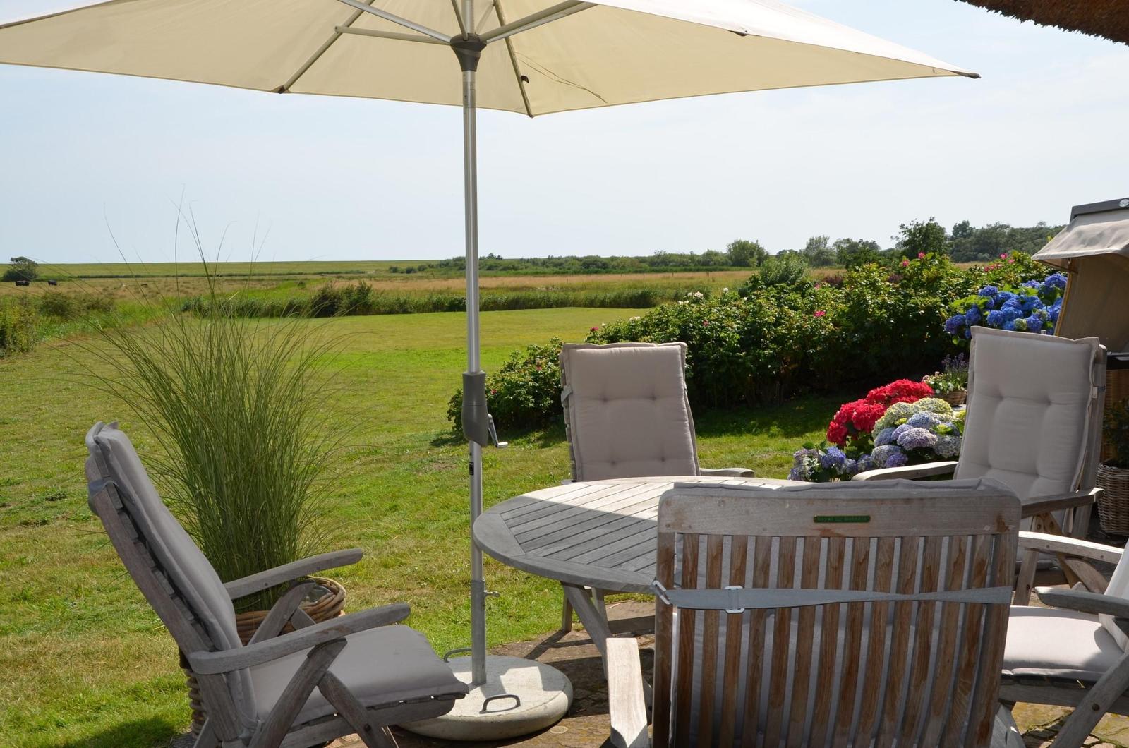 Terrace with table, chairs, and umbrella. View of green field and flower beds.