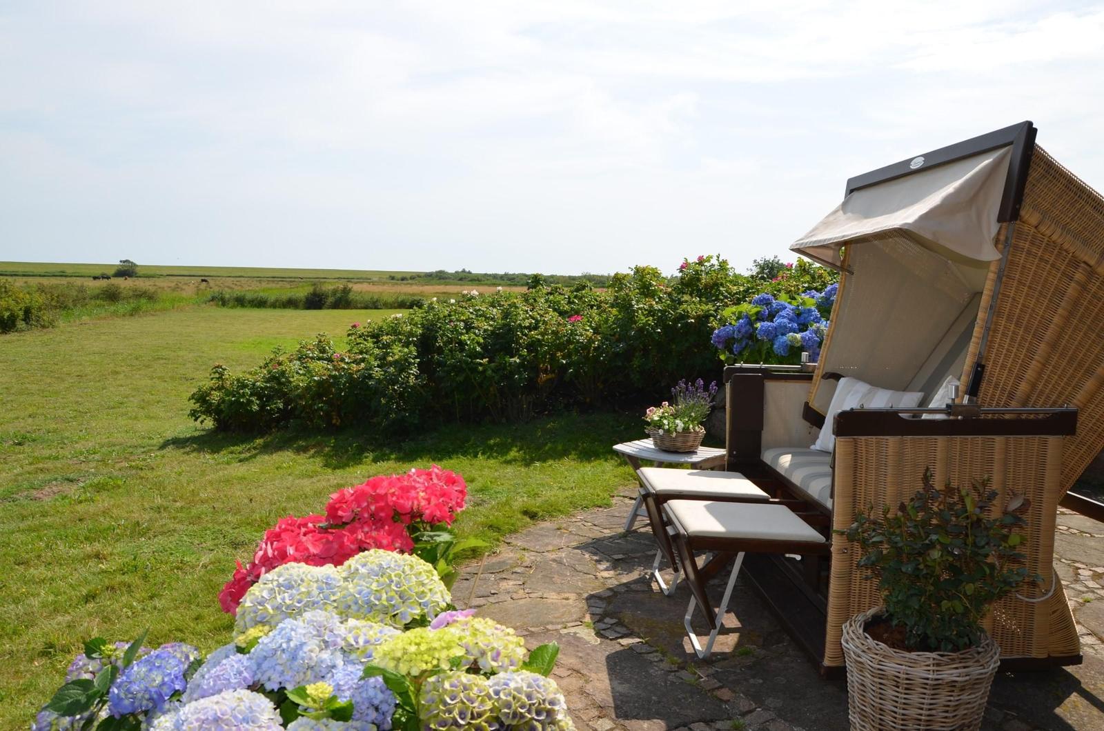 Outdoor seating area with blooming hydrangeas.