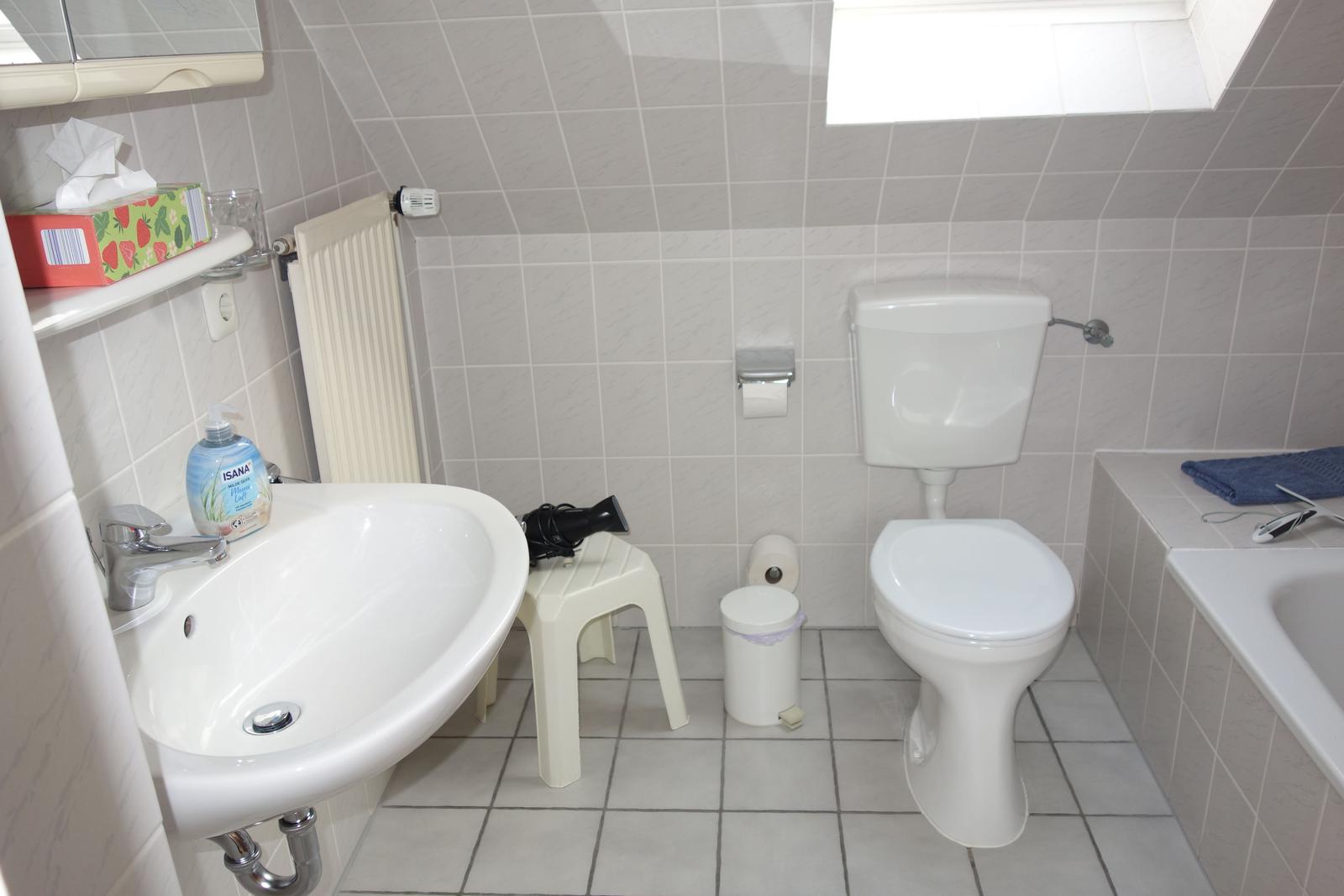 Blick ins Badezimmer in der ersten Etage mit WC und Badewanne