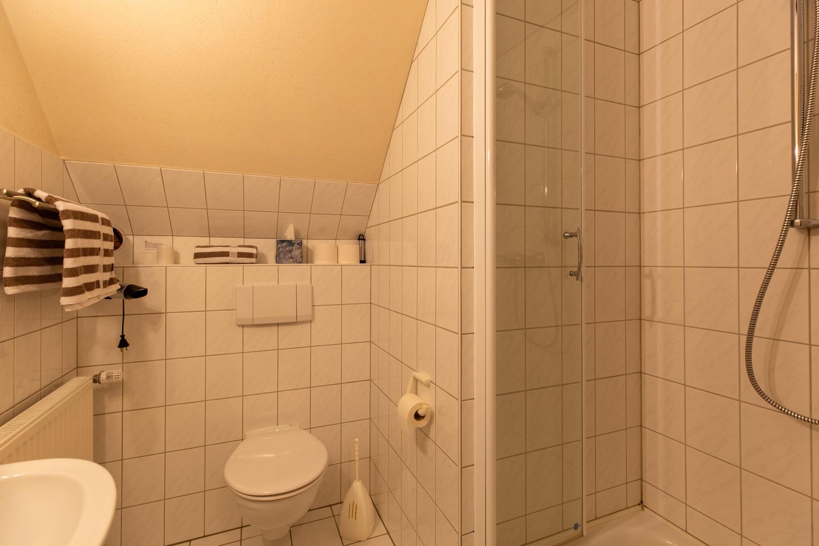 Badezimmer mit Dusche, Toilette und Waschbecken.