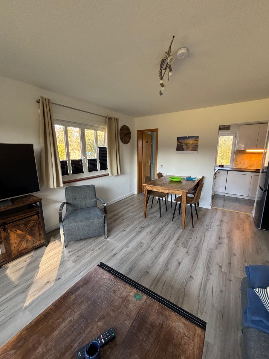 Ca. 20 qm großer Wohn-, Essbereich, der in 2026 modernisiert wurde. (Neuer Bodenbelag, Vorhänge, Möbel etc.)