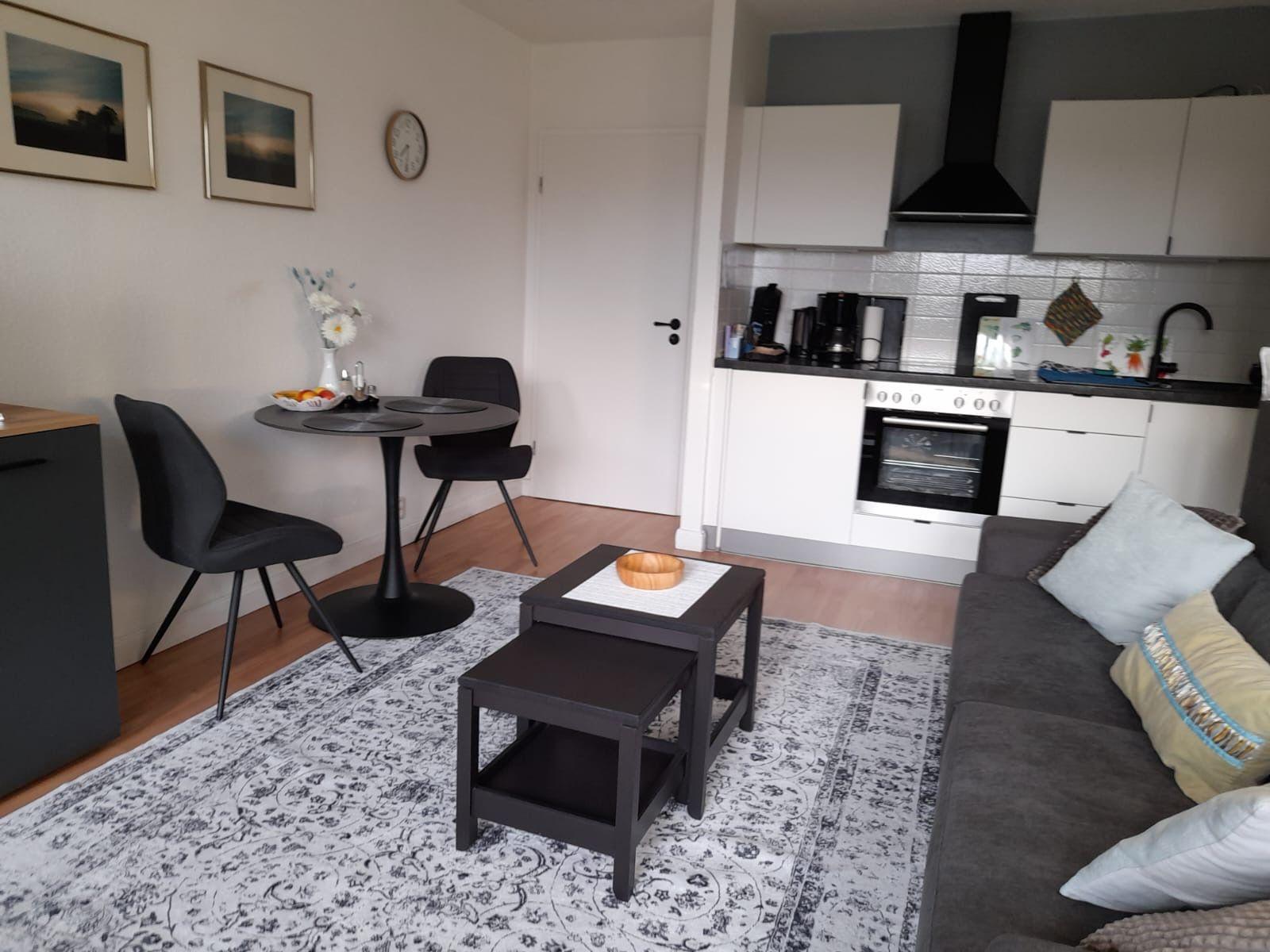 Wohnküche mit Sofa, Esstisch und Kochfeld. Teppich und Möbel sind schlicht.