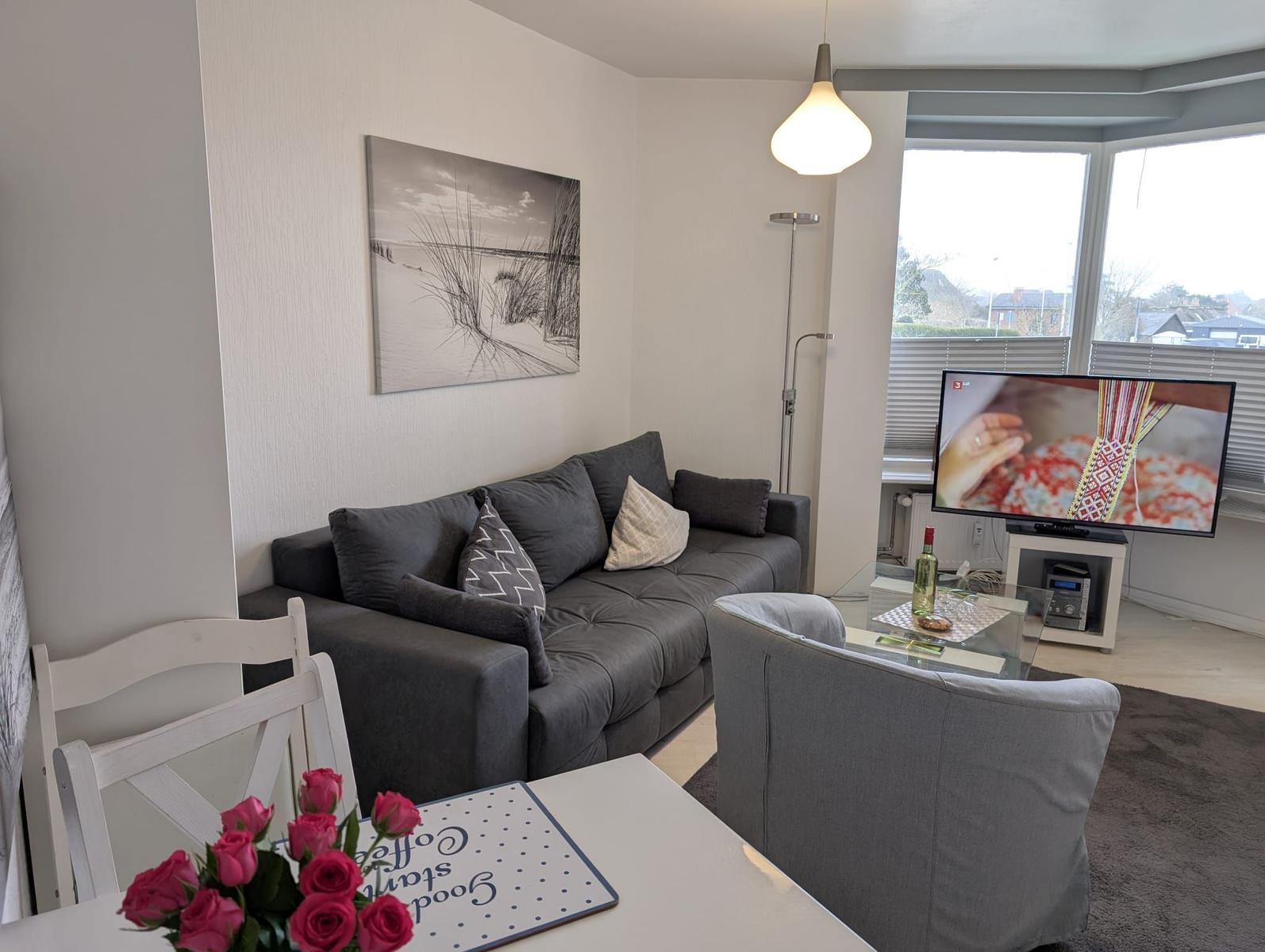 Wohnzimmer mit Sofa, Fernseher und Blick auf die Straße.