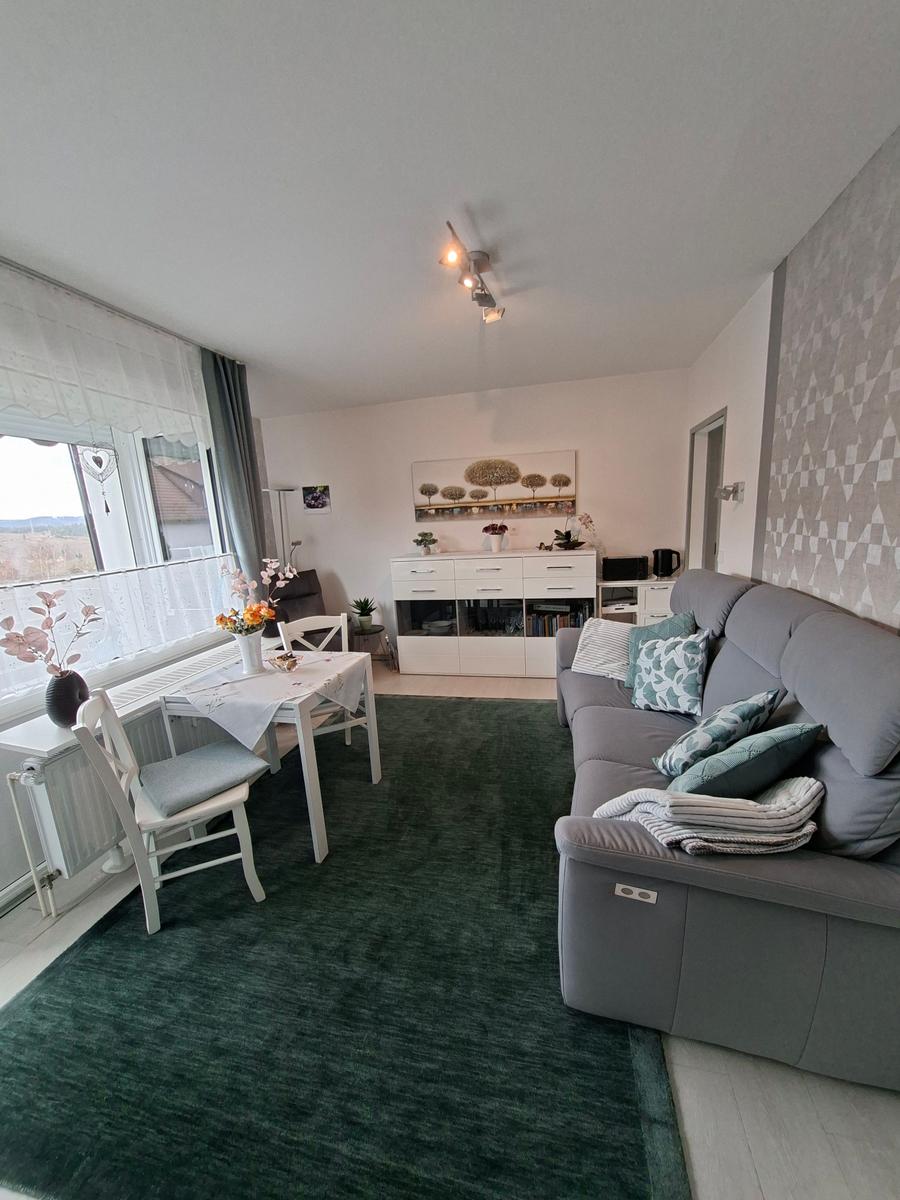 Wohn- und Essbereich mit Sofa, Tisch und Fenster.