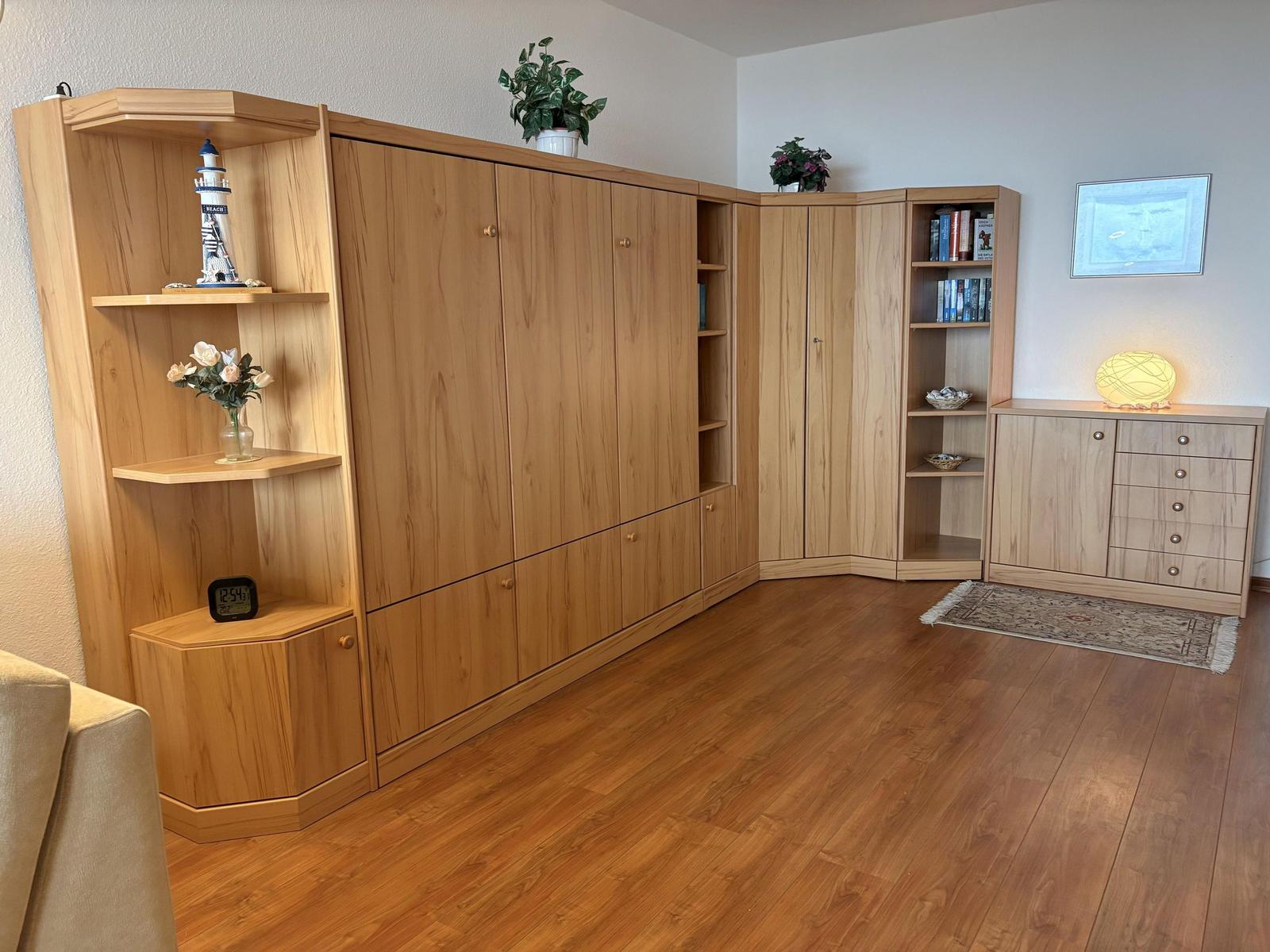 Große Wohnfläche mit Holzmöbeln, Bücherregalen und einem Kleiderschrank.