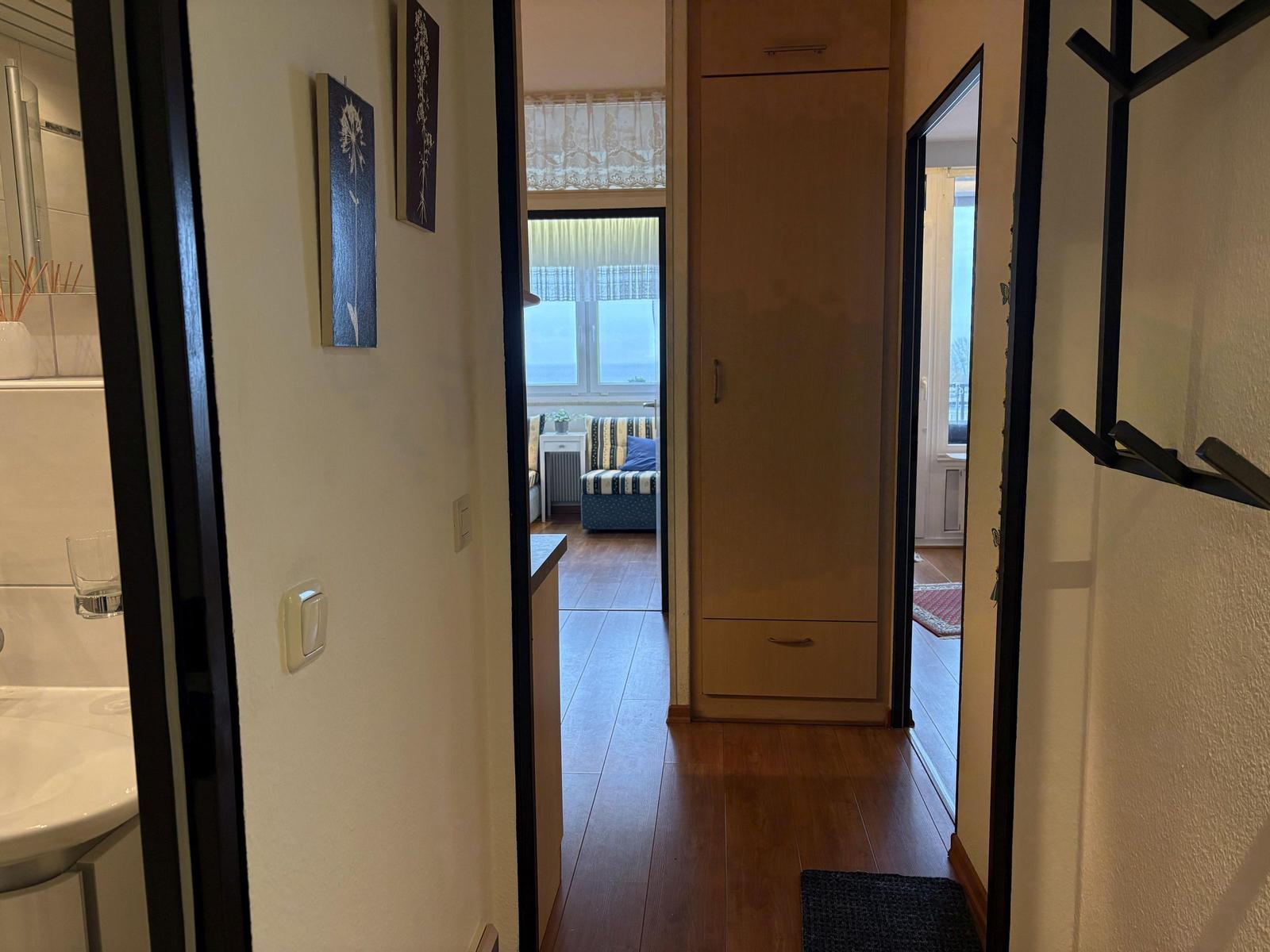 Flur mit Blick in Wohnbereich und Bad. Holzboden und Kleiderschrank sichtbar.