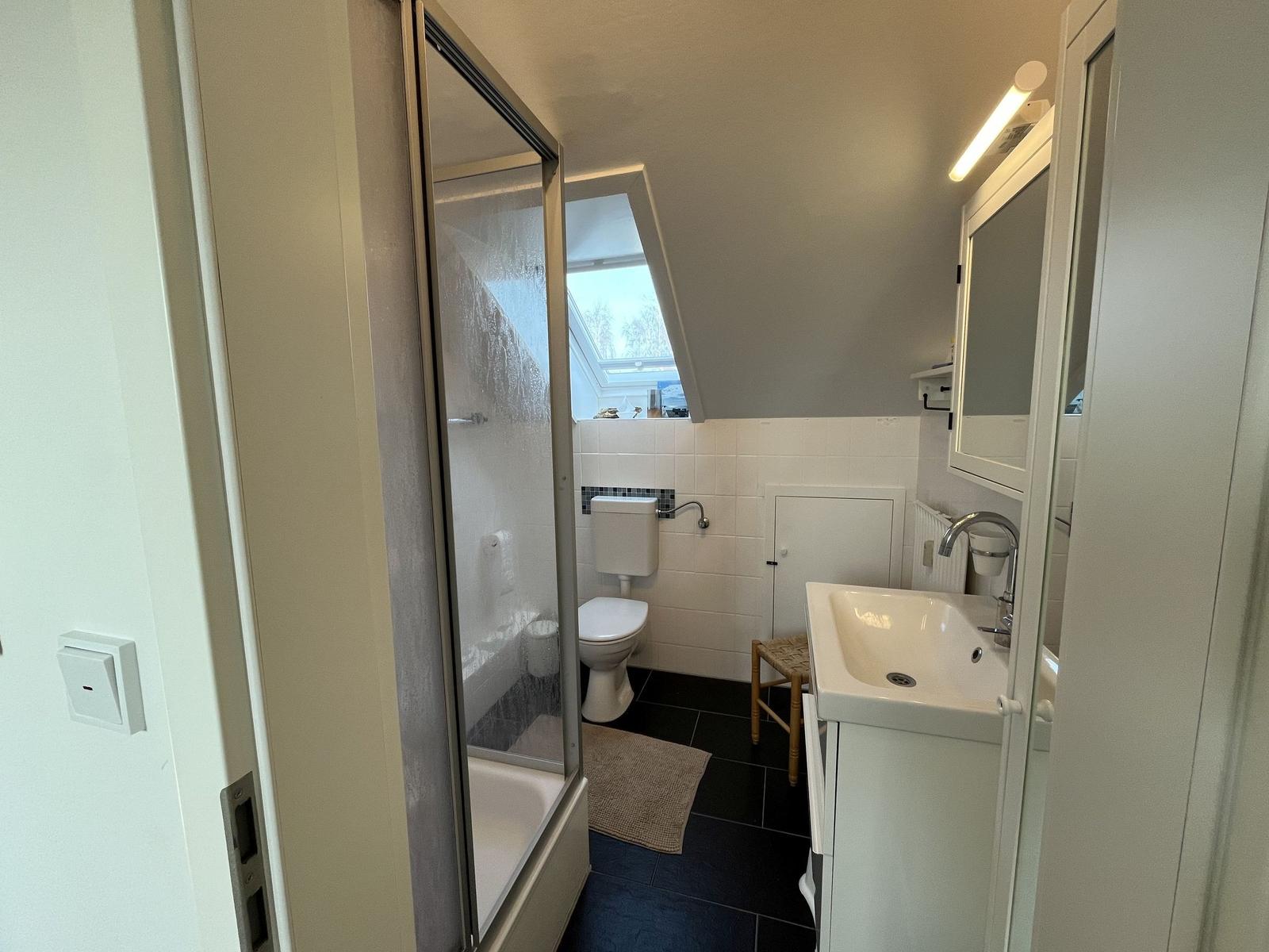 Badezimmer mit Dusche, Toilette und Waschbecken unter Dachschrägen.