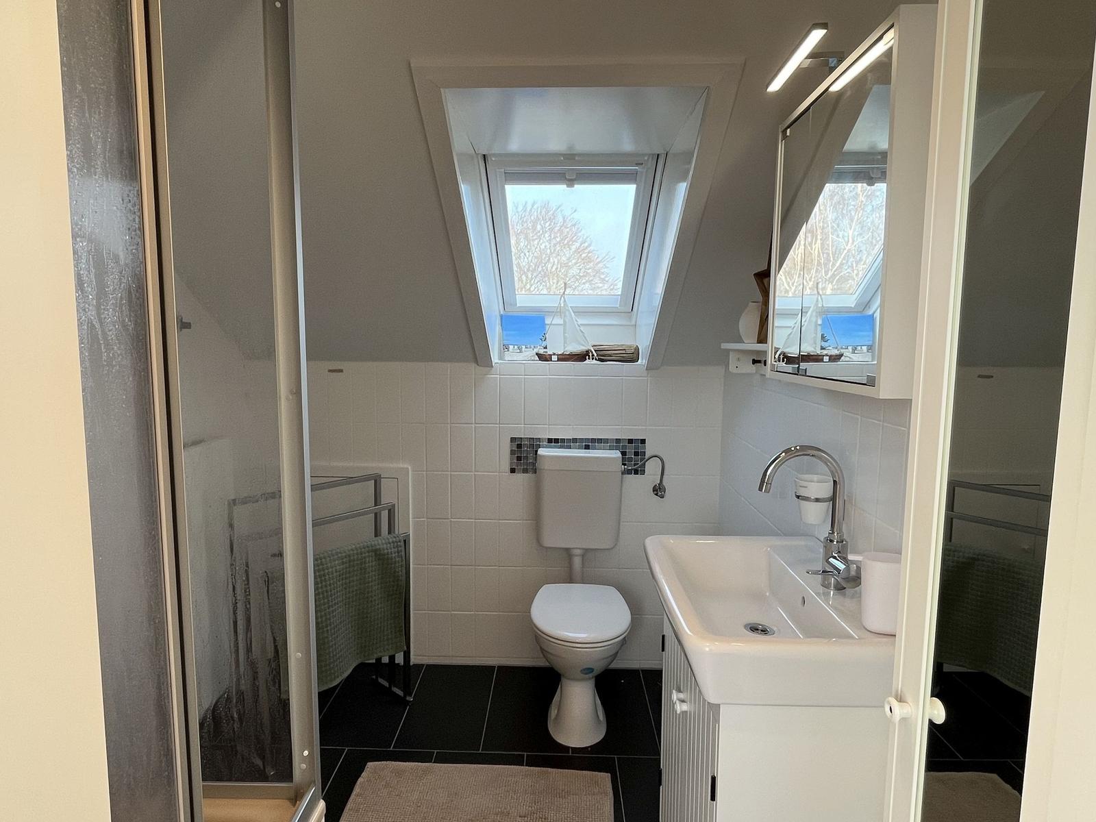 Badezimmer mit Dusche, Toilette und Waschbecken unter Dachschrägen