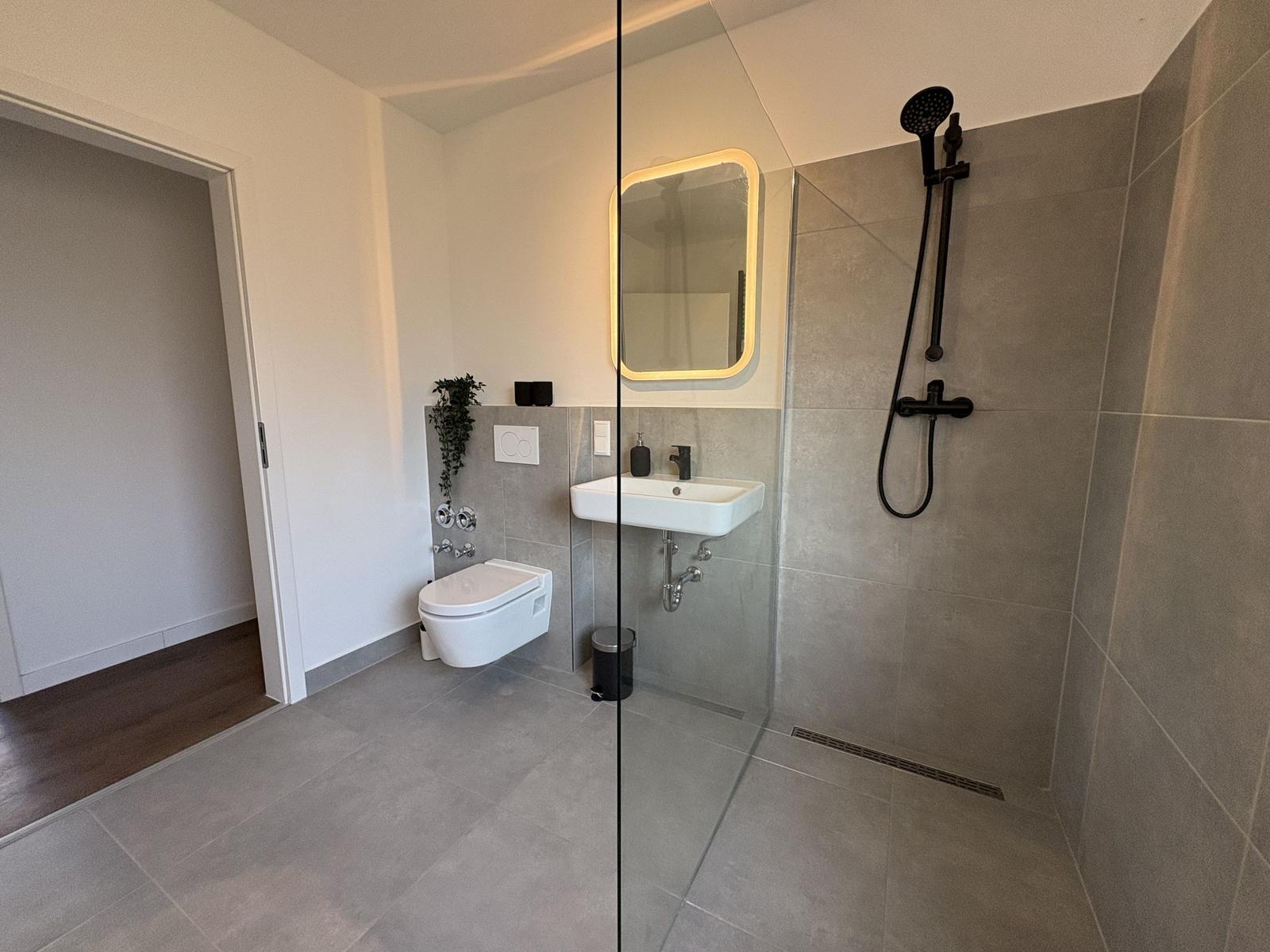 Badezimmer mit Dusche, Waschbecken und Toilette. Glaswand trennt Dusche vom Rest.